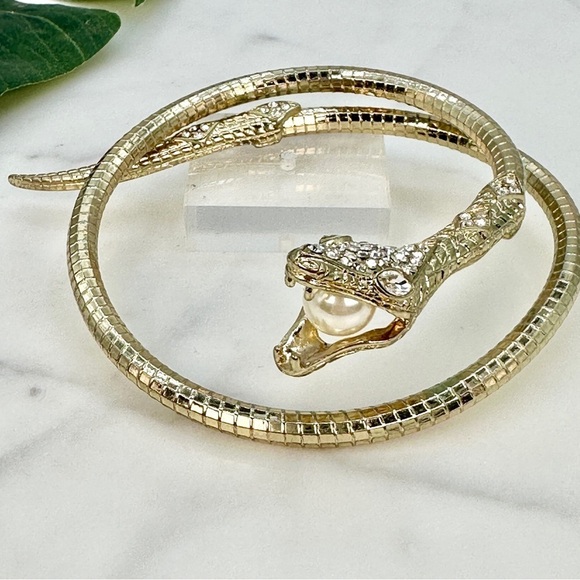 Jewelry - Snake Bracelet Pearl In Mouth Rhinestone Head Coiled Gold-tone Serpent Bracelet